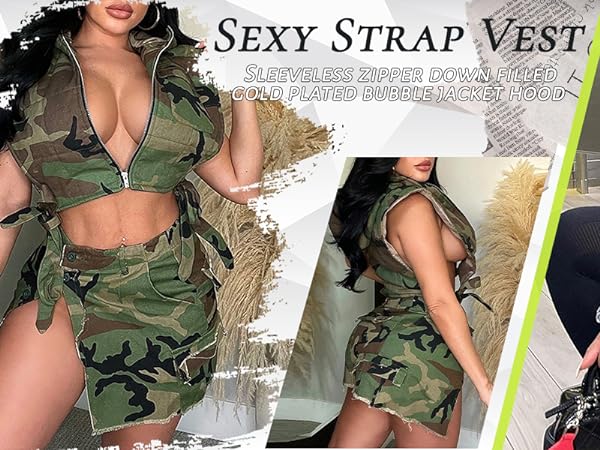 women''s cropped padded full zip up vest casual sleeveless camo quilted outwear jacket