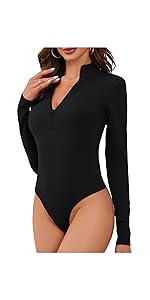 Long Sleeve Bodysuit For Women Zip Up Bodysuit Mock Turtleneck Bodysuits Shirt Compression