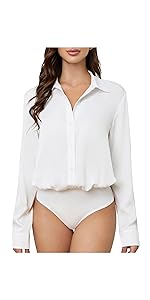 Women Button Down Bodysuit Long Sleeve Collared Shirt Satin Blouse Body Suit Dressy Business