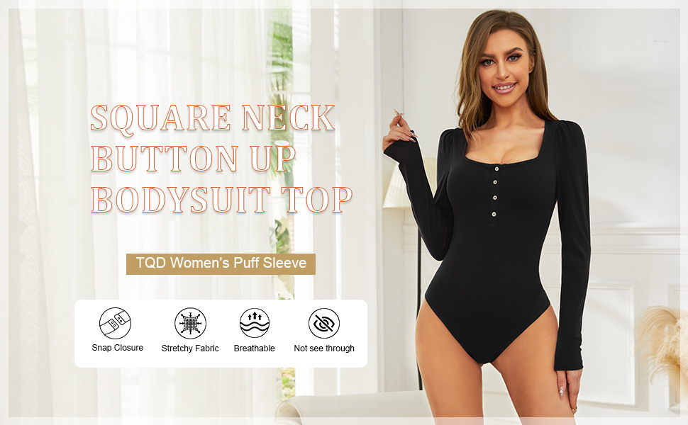 TQD Long Sleeve Bodysuit Women Square Neck Shirts Bodysuit  Puff Sleeve Henley Tops Button Up Blouse