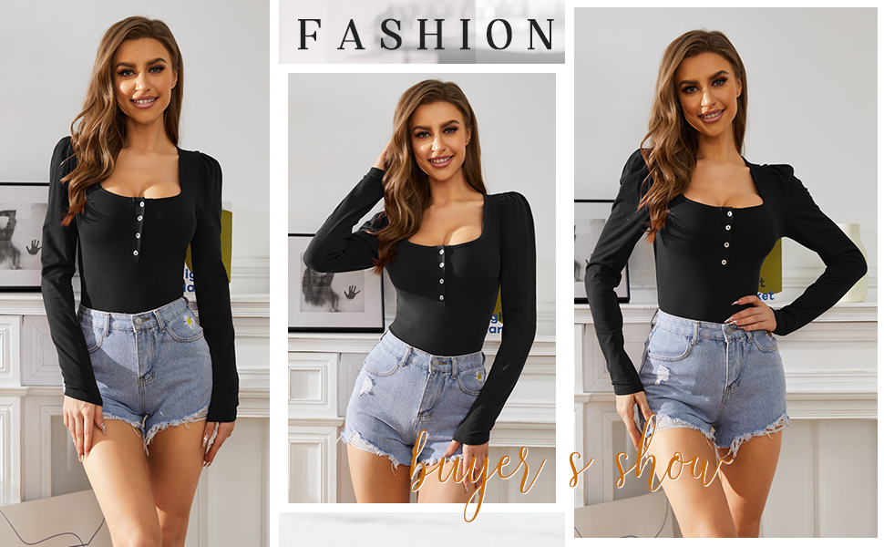 TQD Long Sleeve Bodysuit Women Square Neck Shirts Bodysuit Puff Sleeve Henley Tops Button Up Blouse