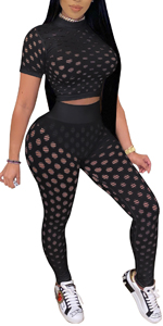 Women Sexy Mesh Hollow Out Two Piece Outfits Sets