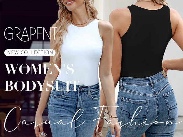 GRAPENT Sleeveless Bodysuits for Women Basic Sexy Crew Neck Racerback Tank Tops Body Suit Going Out