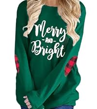 Merry Christmas Top Womens O-Neck Long Sleeve Plaid Elbow Patches Splicing Pullover