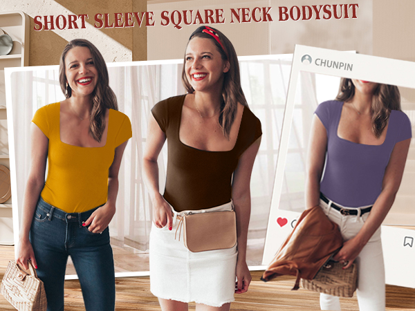 bodysuit for women short sleeve square neck tops