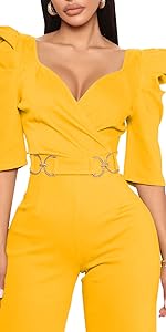 Yellow Sexy Jumpsuits for Women  Short Sleeve Party Rompers Dressy  Leg Long Pants