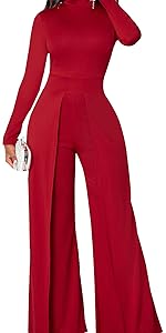 Women''s Casual Solid Color Long Sleeve Wide Leg Jumpsuit