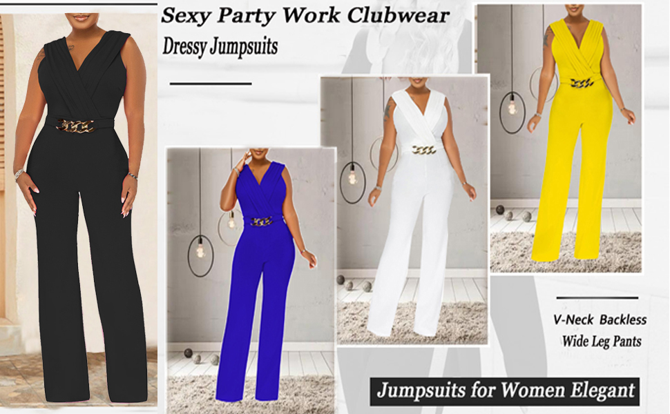  Sexy Wide Leg Jumpsuits for Women Elegant Deep V Neck Sleeveless One Piece Work Clubwear