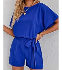 luvamia Women''s Casual Short Sleeve Belted Overlay Keyhole Back Jumpsuits Romper