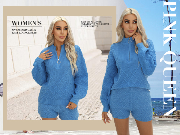 Women''s Oversized Cable Knit Lounge Sets Half Zip Pullover Sweater Top and Shorts 2 Piece Outfits