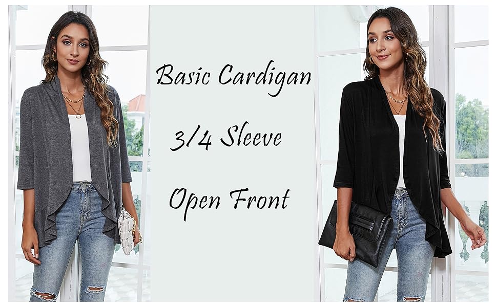 Open Front 3/4 Sleeve Basic Cardigan Kimono Cardigans