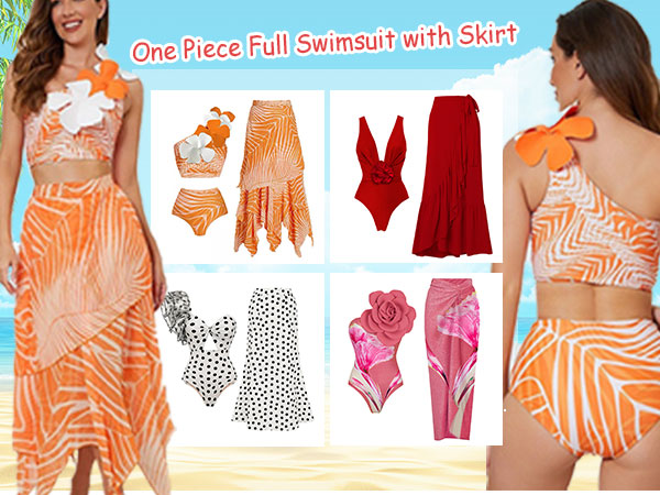 Women retro one-piece swimsuit with wrap skirt set