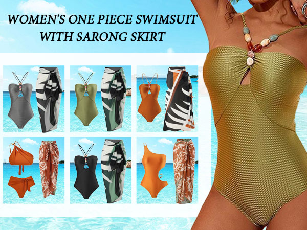 Womens Swimsuit One Piece Bodysuit and Abstract Print Skirt Cover Up Sarong Bathing Suit