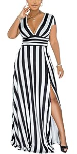 Black and white stripe long maxi evening party dresses