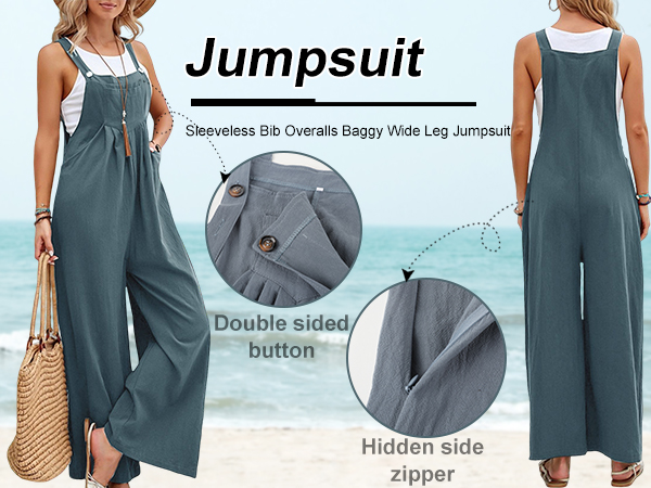 Women Summer Sleeveless Bib Overalls Baggy Wide Leg Jumpsuit with Pockets Boho Rompers Outfits