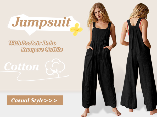 Women Summer Sleeveless Bib Overalls Baggy Wide Leg Jumpsuit with Pockets Boho Rompers Outfits