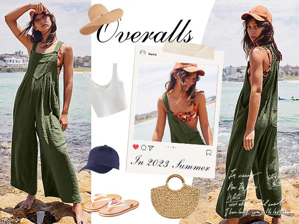 Women Summer Sleeveless Bib Overalls Baggy Wide Leg Jumpsuit with Pockets Boho Rompers Outfits