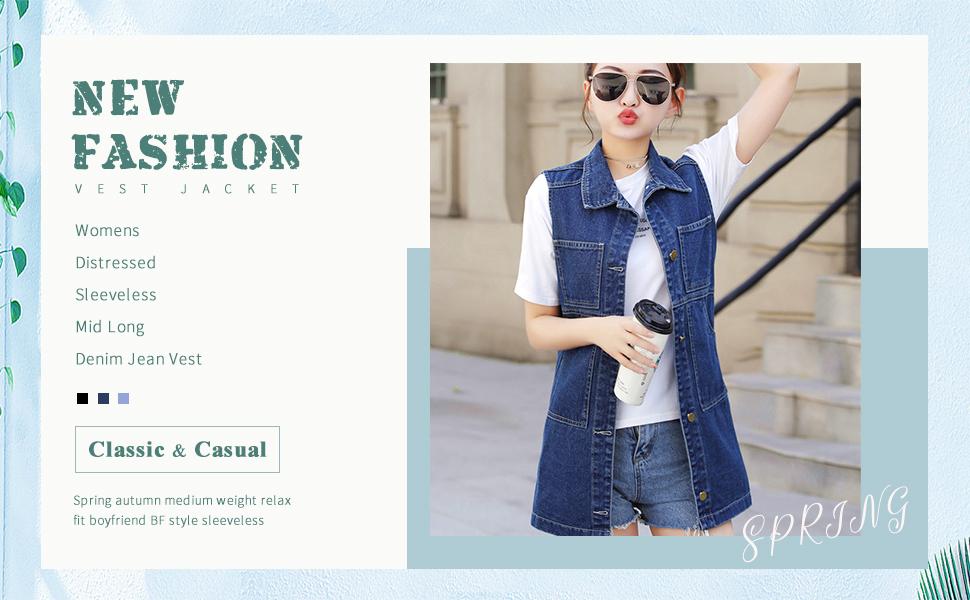 Flygo Women''s Collared Button Down Sleeveless Denim Vest Jacket