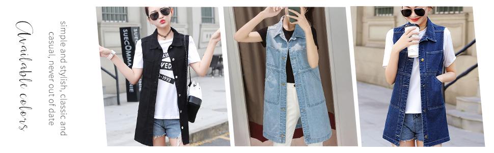 Color''s Display of Flygo Women''s Single Breasted Washed Long Denim Jean Vest Jacket