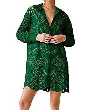 eyelet long sleeve button down mini shirt dress