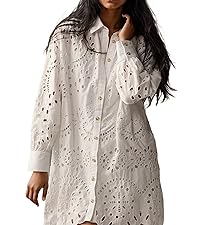 eyelet long sleeve button down mini shirt dress