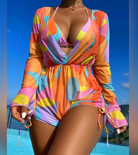 Women''s Spring Summer Bikini 3 Pieces Set Long Sleeve Drawstring Short Romper Cover Up Bra Shorts