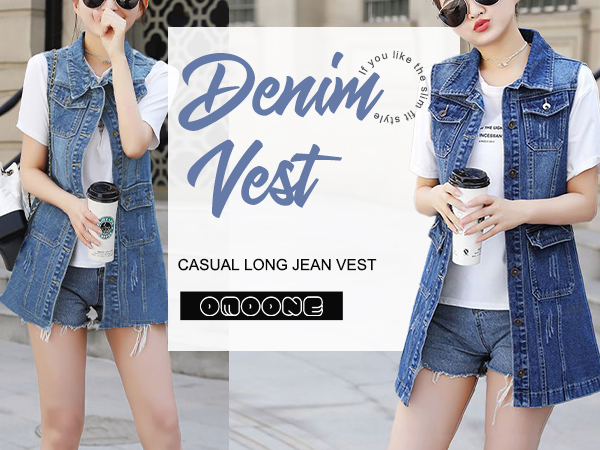 Omoone Women''s Button Up Mid Long Ripped Denim Jean Vest Waistcoat 