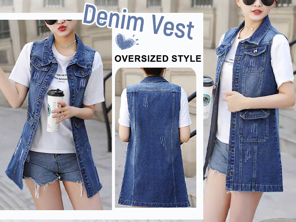 Omoone Women''s Button Up Mid Long Ripped Denim Jean Vest Waistcoat 