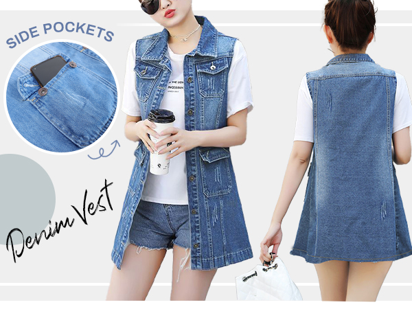 Omoone Women''s Button Up Mid Long Ripped Denim Jean Vest Waistcoat 