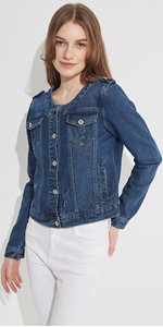 Long sleeve collarless denim jacket with pockets