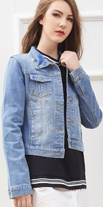 Long sleeve collarless denim jacket with pockets