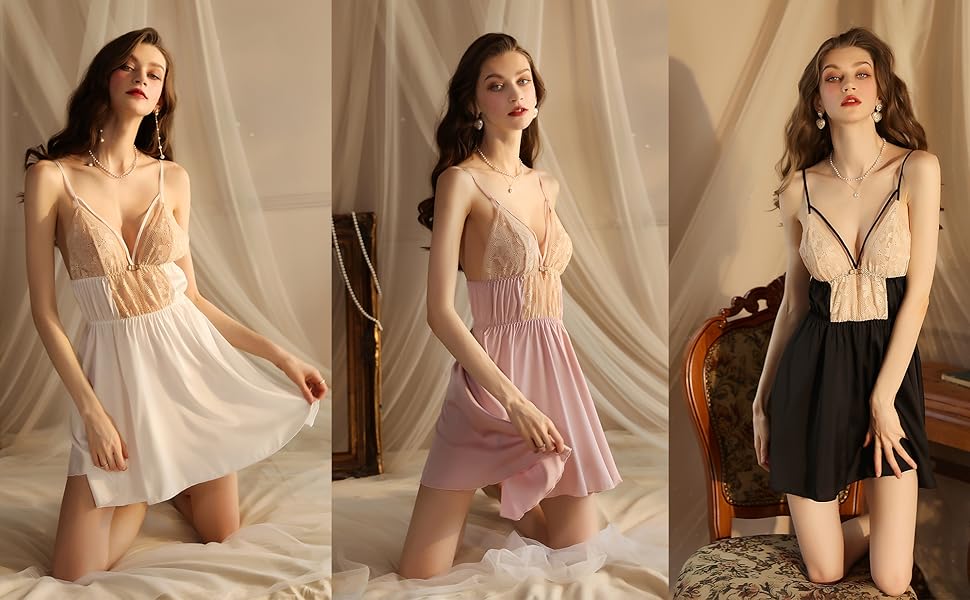 Women Sleepwear Satin Nightgown Chemise Backless Lingerie Full Slip Silk Nightdress V Neck