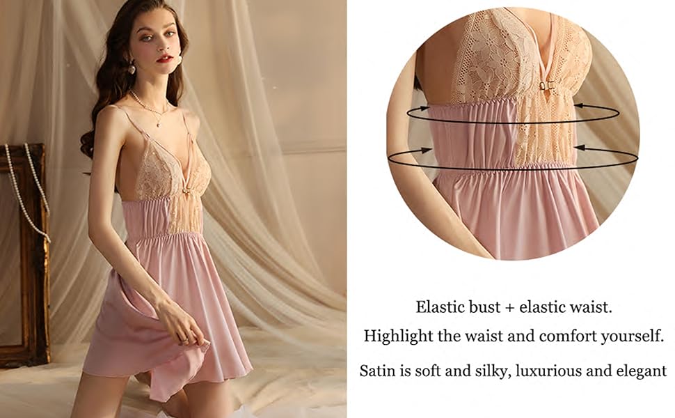 Women’s Chemise Deep V Neck Lace Nightgown Slip Satin Sleepwear Nightdress