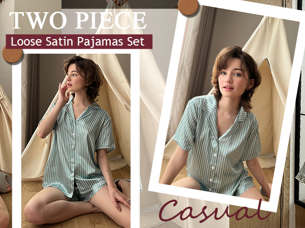 Womens Satin Pajamas Set Button Down 2 Piece Silk Pjs Shorts Set