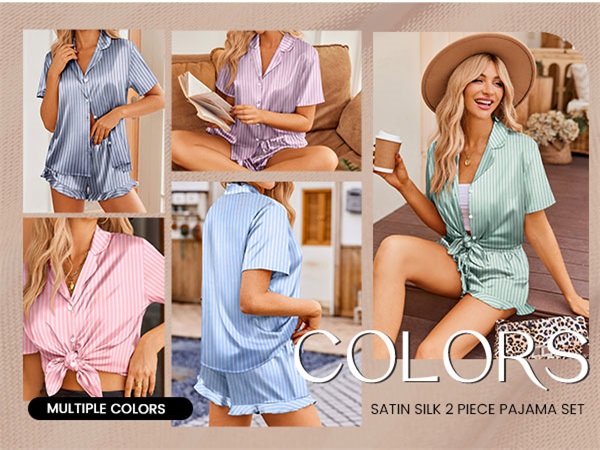 Womens Satin Pajamas Set Button Down 2 Piece Silk Pjs Shorts Set