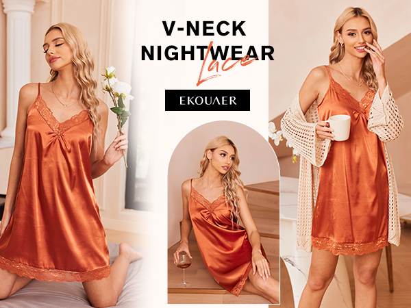 satin silk nightgown v neck lace chemise 