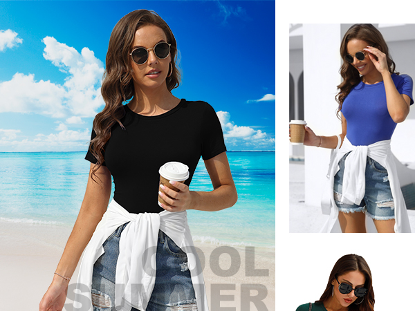 LAOLASI Women''s Crew Neck Round Neck Short Sleeves Slim Fit Casual Basic Extender Bodysuit 