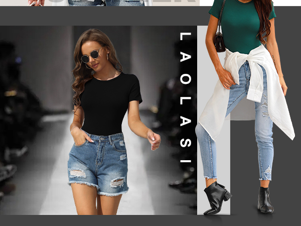 LAOLASI Women''s Crew Neck Round Neck Short Sleeves Slim Fit Casual Basic Extender Bodysuit 