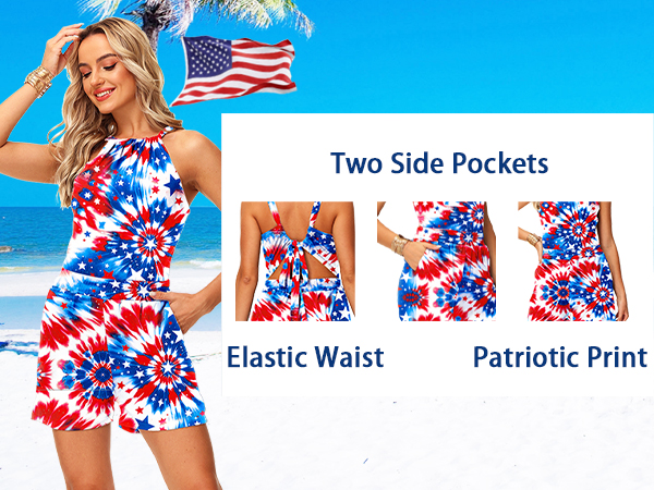 Tie Knot Back Patriotic Shorts Backless Romper Women One Piece Jumpsuit with Pockets American Flag 