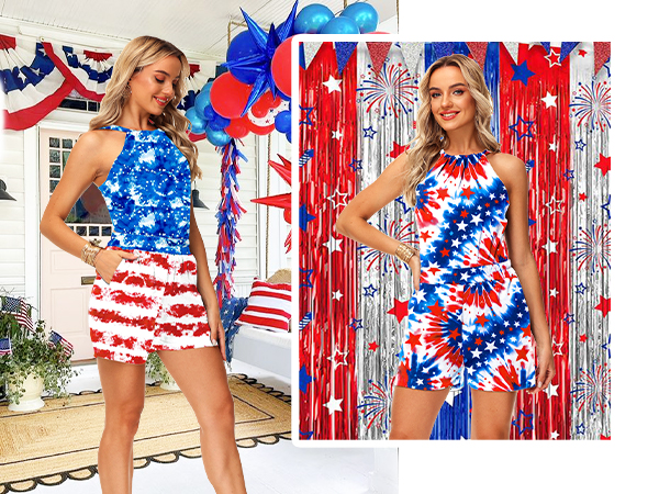 Womens July Fourth Rompers American Flag Patriotic Halter