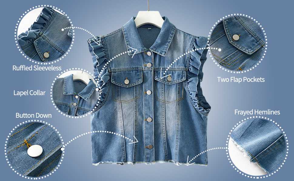 Women''s Denim Jacket Button Down Distressed Ruffle Sleeve Crop Jean Jackets Coat