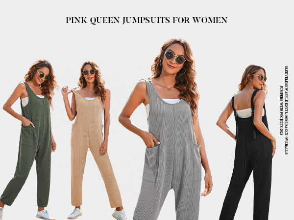 Pink Queen Jumpsuits for Women Sleeveless Waffle Knit Loose Baggy Overalls Jumpers with Pockets 2024