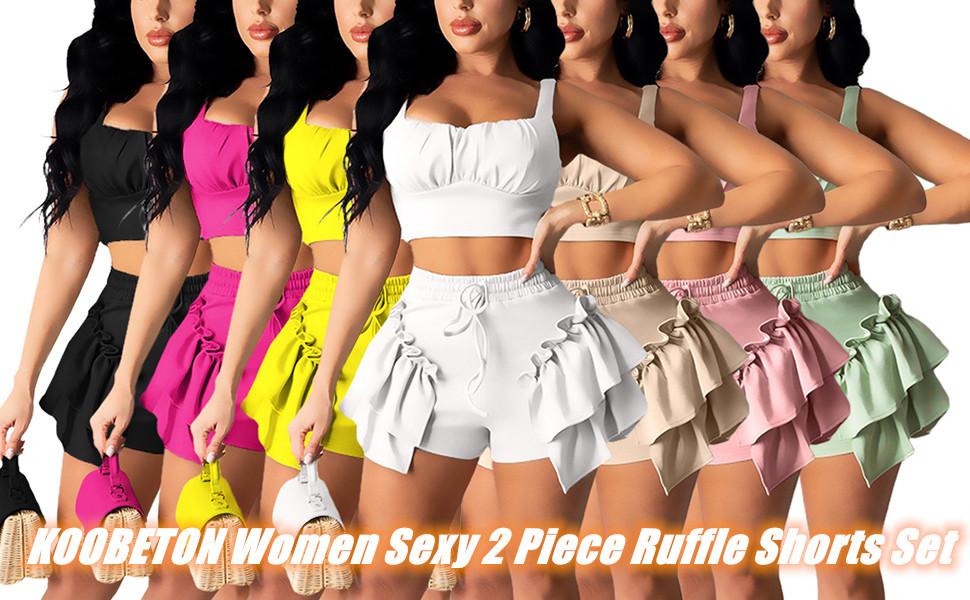 KOOBETON Women Sexy 2 Piece Club Bodycon Outfits Bra Crop Tops Ruffle Shorts Set