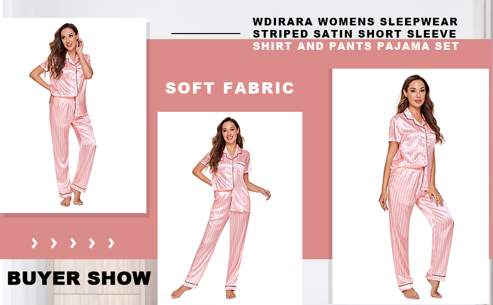 WDIRARA Women''s Sleepwear Striped Satin Short Sleeve Shirt and Pants Pajama Set Pink S