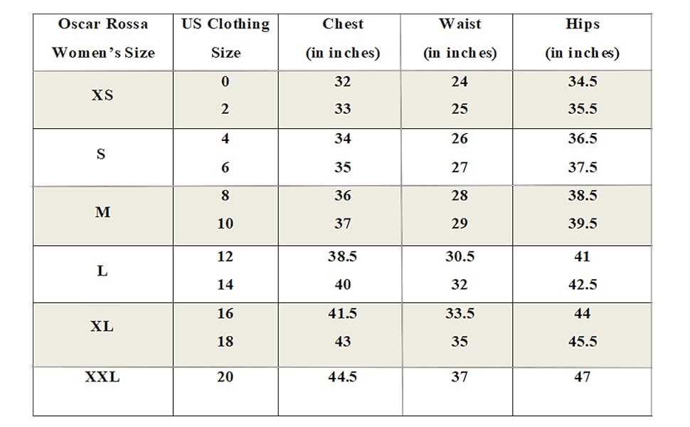 Oscar Rossa Women’s Size Information