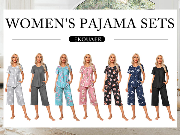 Ekouaer Women&amp;#39;s Pajamas Set Short Sleeve Sleepwear Top Capri Pants Pjs