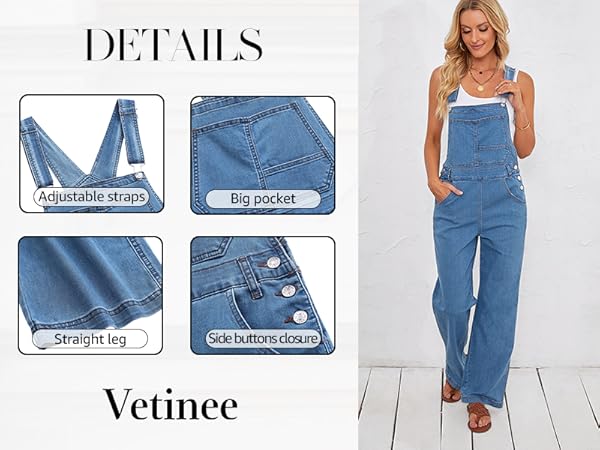 Vetinee Women''s Fashion Overalls Denim Jumpsuit for Women