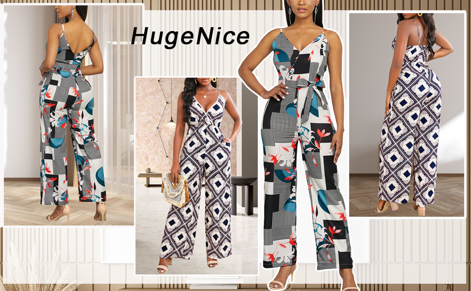 Women''s casual v neck sleeveless Floral print wide leg long pants clubwear romper jumpsuits