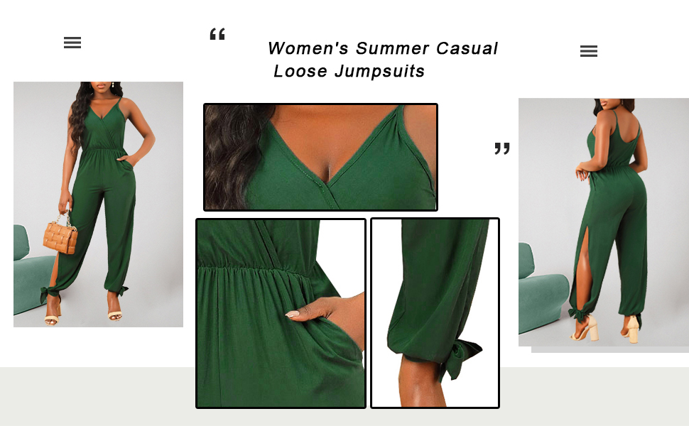 Women''s Casual Loose V Neck Rompers Green Jumpsuit