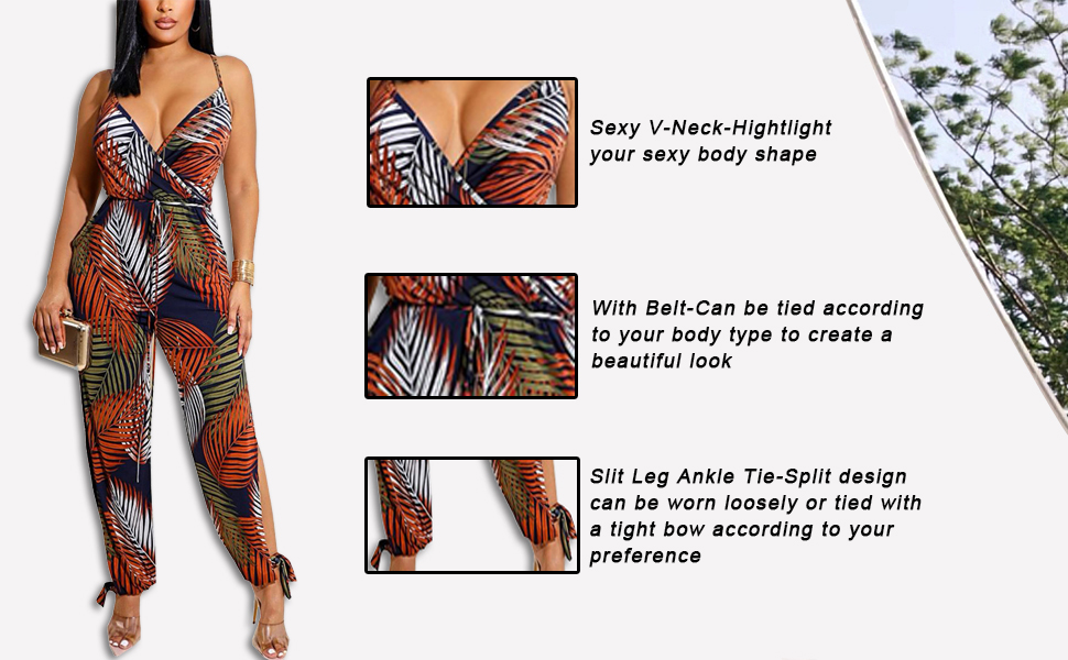 V Neck  Sleeveless Leaf Print Adjustable Spaghetti Strap Slit Leg Ankle Tie Hawaiian Jumpsuit